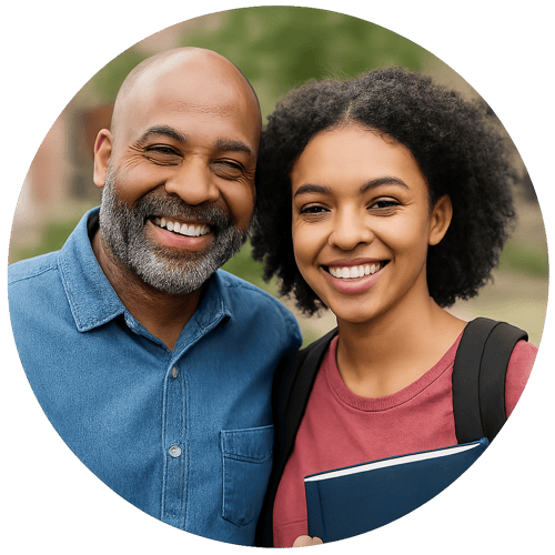 parent and young college student headshot in circle graphic